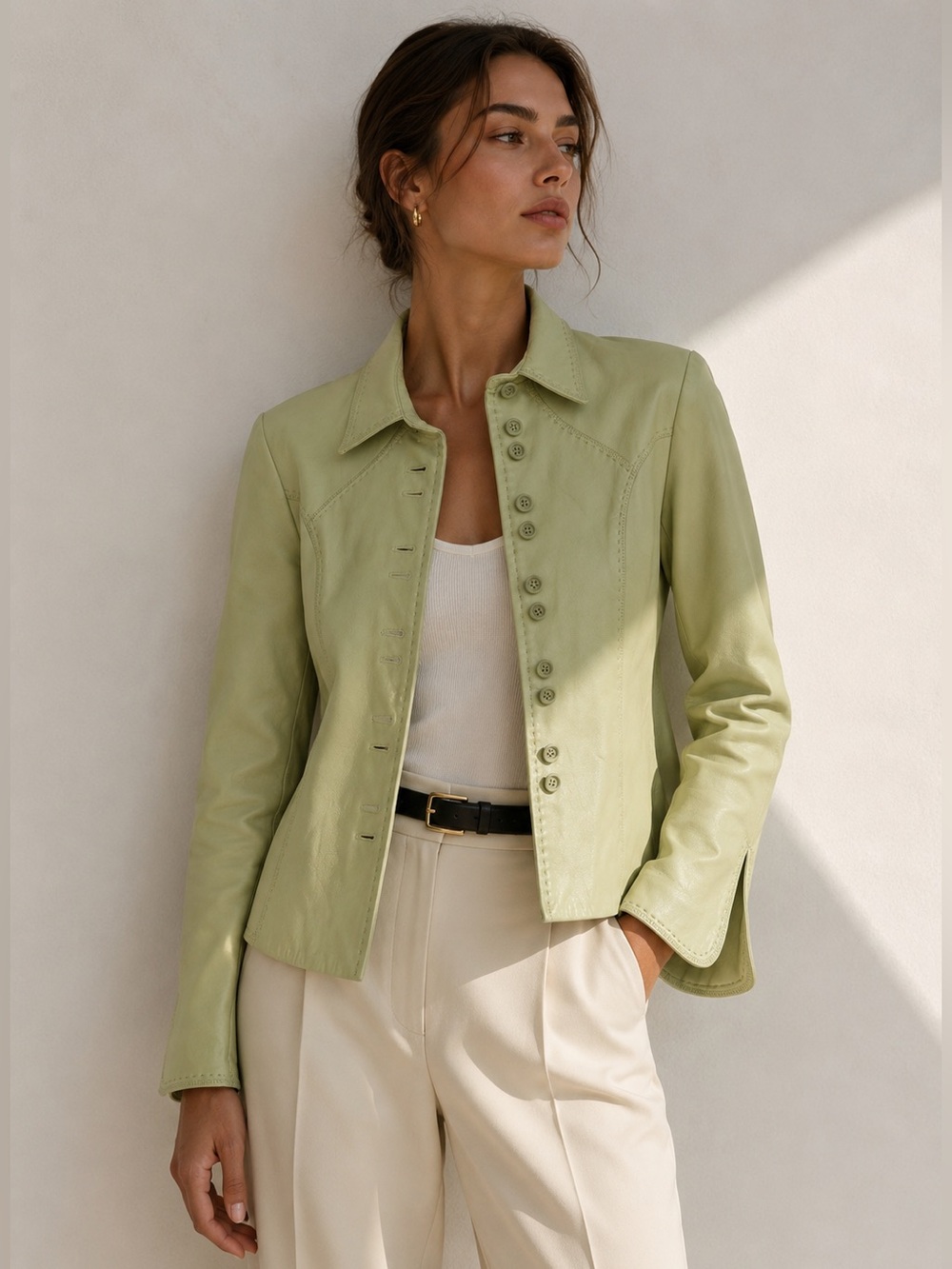 Pistachio Green Soft Leather Blazer Jacket Minimalist Tailored S